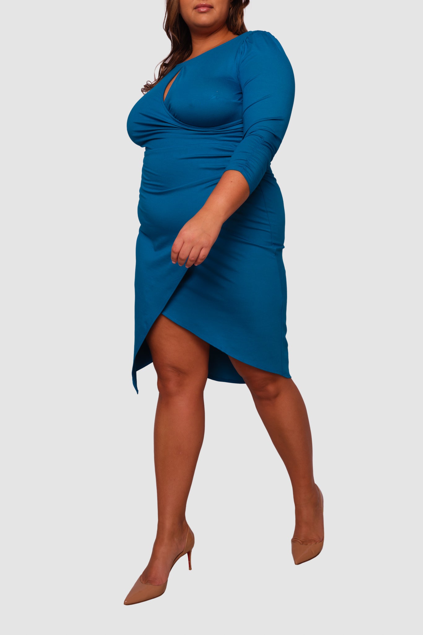 Lina Keyhole Ruched Waist Dress in Blue