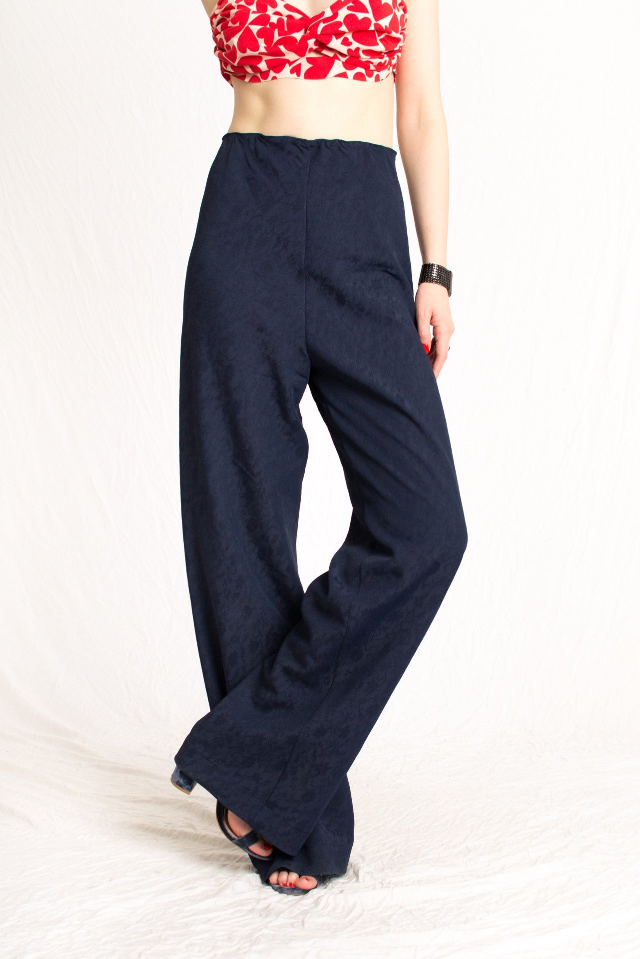 navy blue patterned relaxed fit elastic waist pants