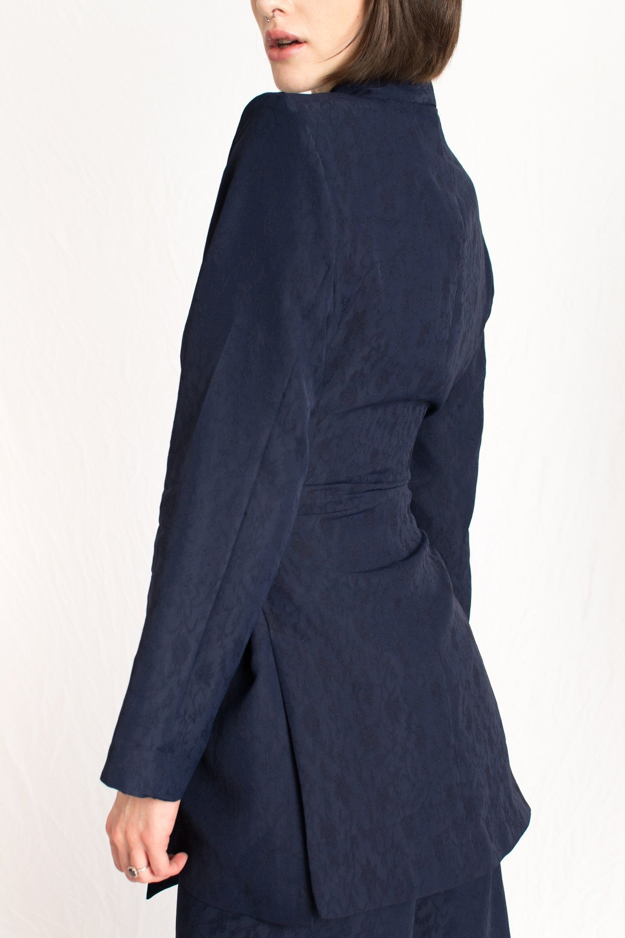 navy blue patterned relaxed fit blazer with wrap around belt