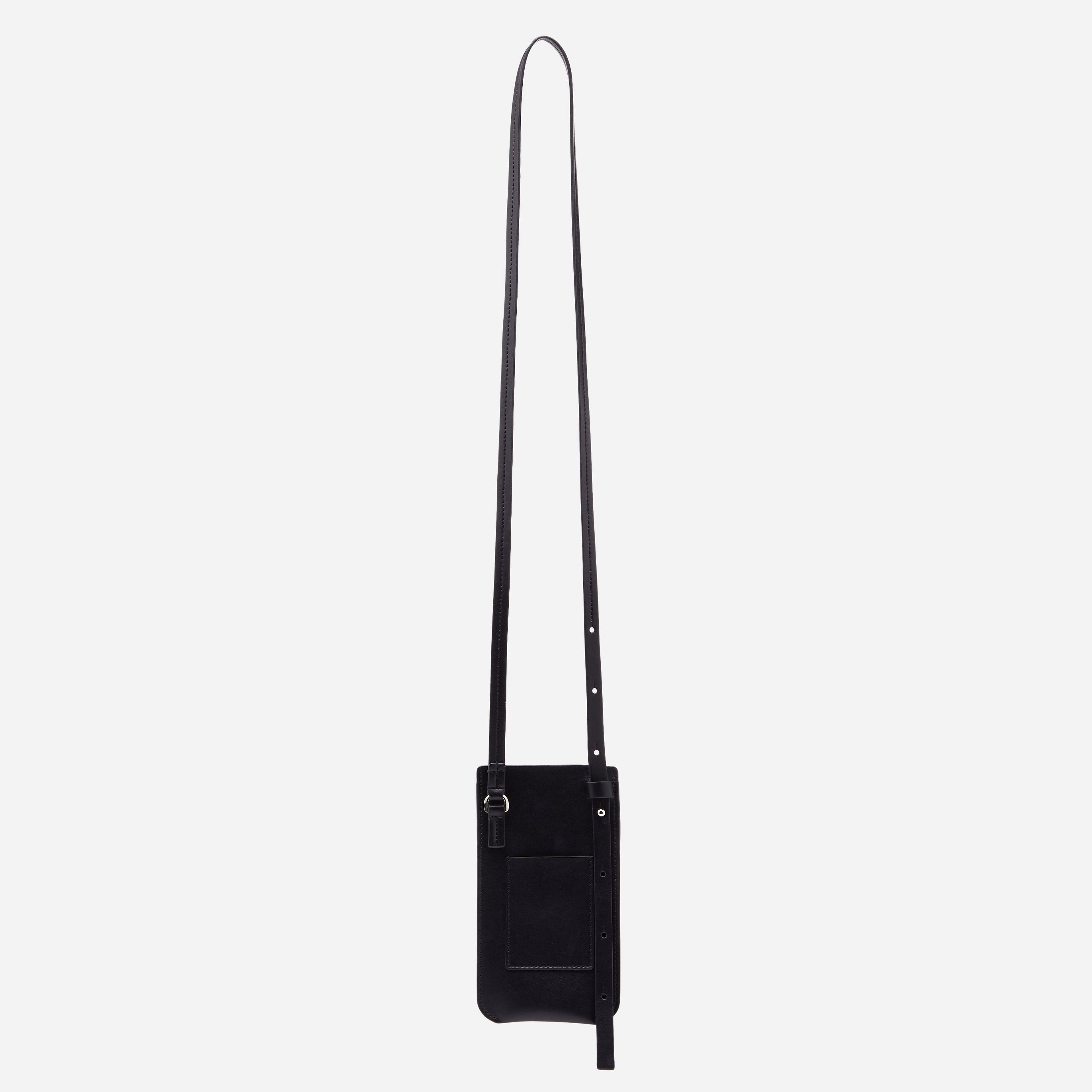 Elia Vegan Phone Bag in Black Onyx longest strap showing back card holder pocket 