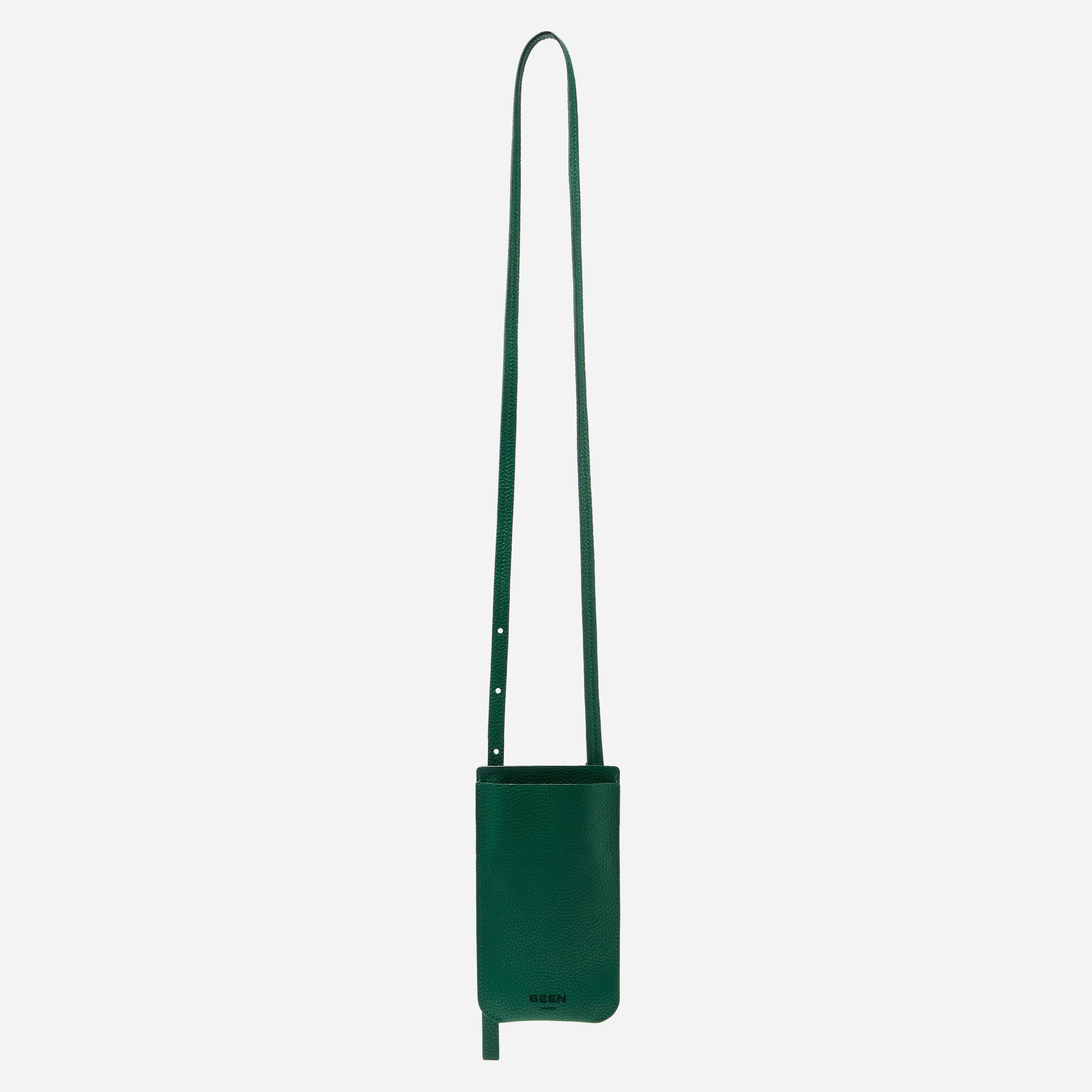 Elia Phone Bag in Rainforest Green recycled pebbled leather Front on longest strap
